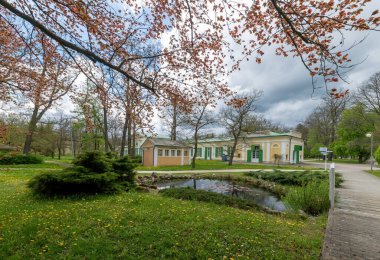 Salt and Meadow maden pınarları (Kolonada Solny a Lucni pramen in Czech) büyük Çek spa kasabası Frantiskovy Lazne (Franzensbad) - Çek Cumhuriyeti - Avrupa