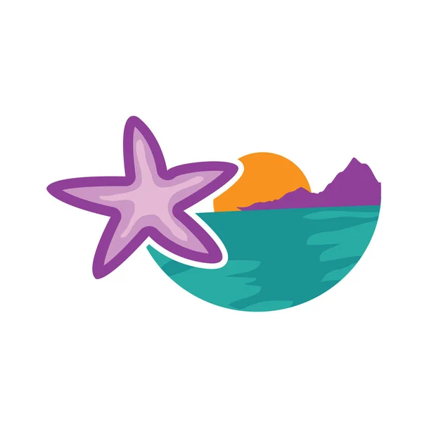 Ilustração Paisagem Praia Design Tarde Com Estrelas Mar Sol Ilustração — Vetor de Stock