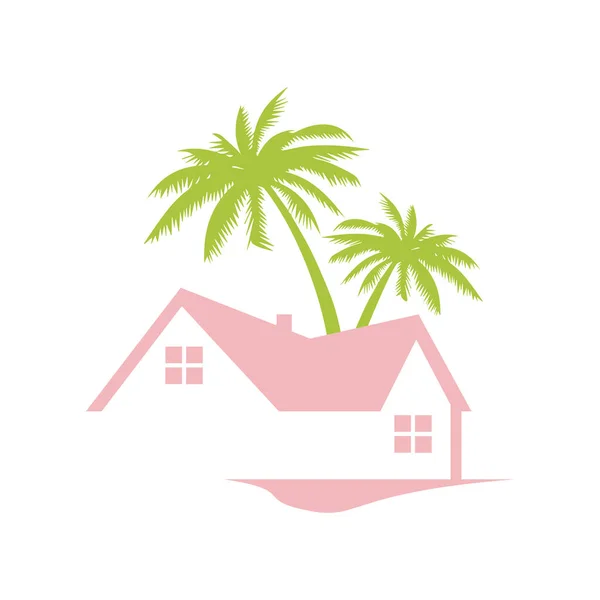 Rosa Verde Playa Casa Logo Diseño Vector Palma Casa Verano — Vector de stock