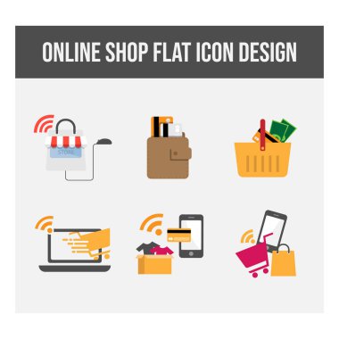 E-ticaret ve alışveriş çevrimiçi ikonlar. Düz tasarım koleksiyonu. Daire simgeleri, e-ticaret ve çevrimiçi pazar alanlarının Infographic tasarımı ile e-iş sürecinin vektör yaratıcısı