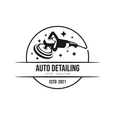 Klasik stil oto cilası ayrıntılı logo tasarım şablonu. Oto temizleme cilası otomobil logosu tasarım vektörü. Otomatik cilalama araba temizleme servisi