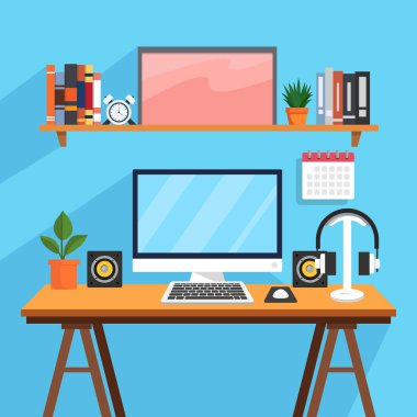 Üretkenlik, masaüstü bilgisayarı, klavyesi, kulaklığı, hoparlörü ve kitapları olan ofis masasına odaklandı. Odak, verimlilik ve profesyonel uzaktan çalışmayı temsil eden düz vektör illüstrasyonu.