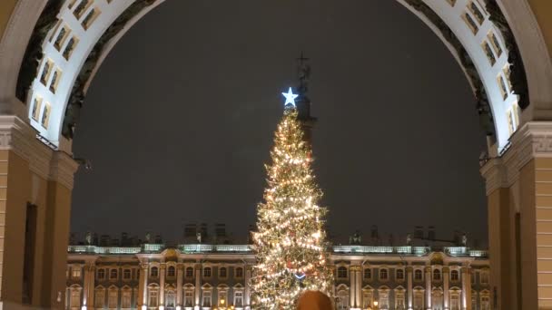 Multidões de pessoas caminham e tiram fotos na praça do Palácio, perto do abeto festivo no centro de São Petersburgo. RÚSSIA, ST. PETERSBURGO, 26 de dezembro de 2020 — Vídeo de Stock