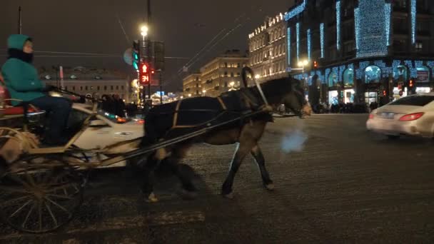 Koń jeździ powozem w strumieniu samochodów wzdłuż Nevsky Prospekt w Petersburgu na tle zdobionych noworocznych zabytkowych budynków. RUSSJA, Św.Piotra, 26 grudnia 2020 r. — Wideo stockowe