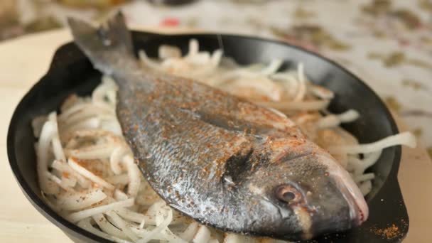 A nő sót ad hozzá és fűszerezi a dorada halat a serpenyőben. — Stock videók