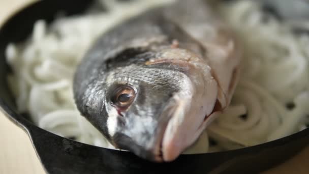 Pescado dorada crudo con cebolla cortada en sartén negra de cerca — Vídeo de stock