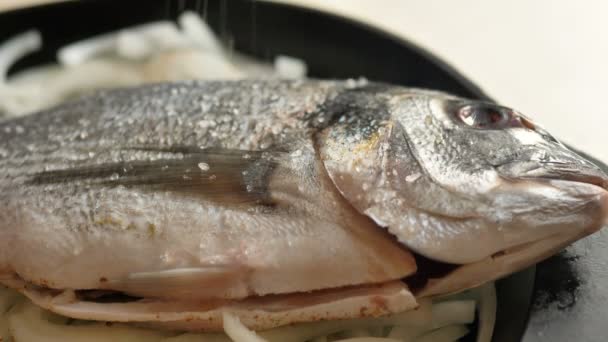 A nő sót ad hozzá és fűszerezi a dorada halat a serpenyőben. — Stock videók