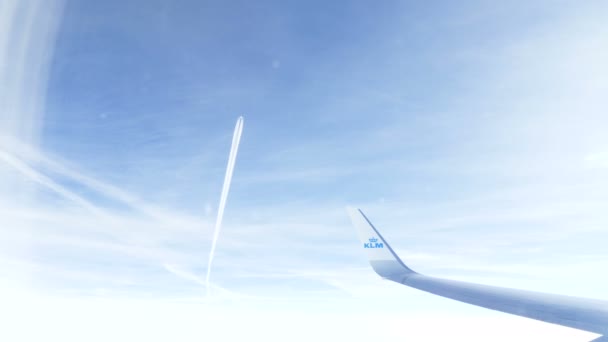 У сонячний день реактивний літак літає у блакитному небі з вікна. — стокове відео