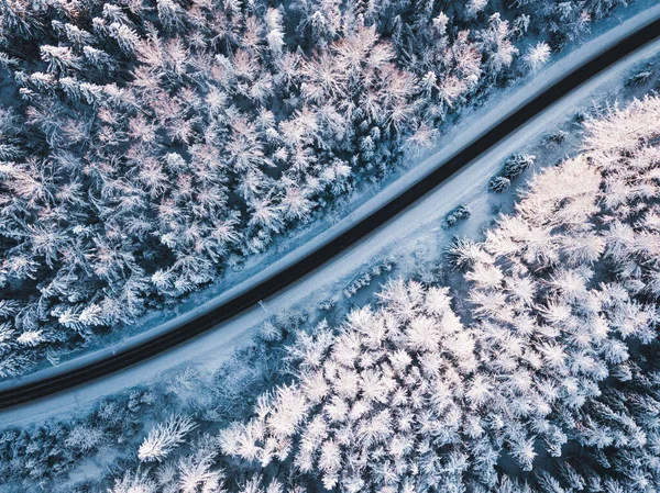 Vista aérea de una carretera en un bosque de invierno — Foto de Stock