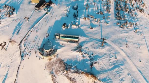Pistas de montaña con pino y pistas de esquí con telesilla — Vídeo de stock