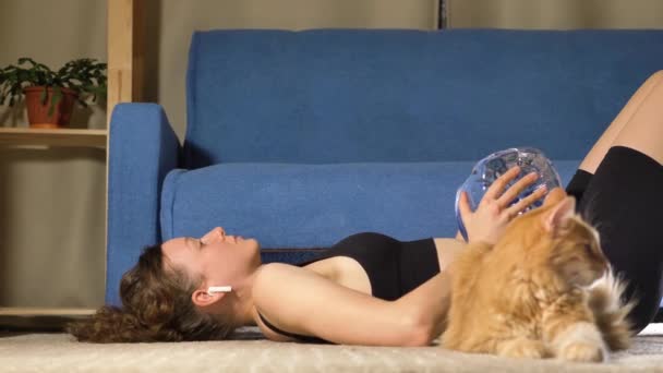Lady solleva grande bottiglia con acqua vicino gatto sul pavimento — Video Stock