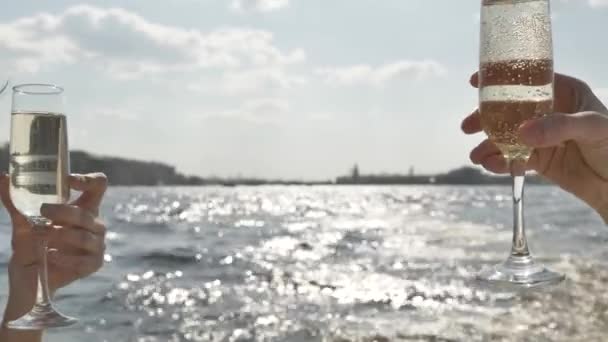 Жінки тримають окуляри з шампанським проти річки — стокове відео