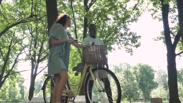 若い混合レースのカップルが自転車で公園を歩き、晴れた夏の朝に笑う — ストック動画
