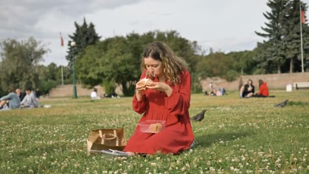 Jolie femme mange lancement sain dans le parc focus sur sac en papier — Video