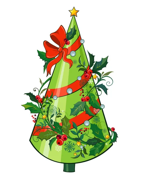 Tarjeta de felicitación con un árbol de Navidad decorado — Vector de stock