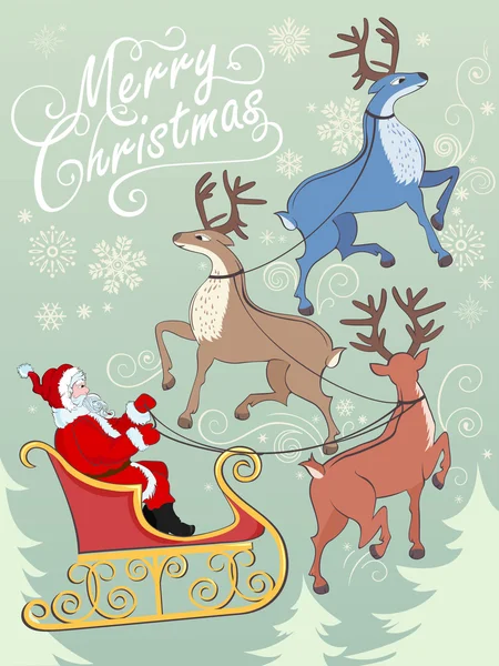 Greeting card with reindeers and Santa on sleigh — Stock Vector