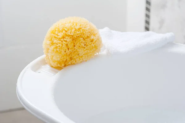 Baby Bathing Concept Closeup Natural Sea Sponge Bath Sponge — Stock Photo, Image