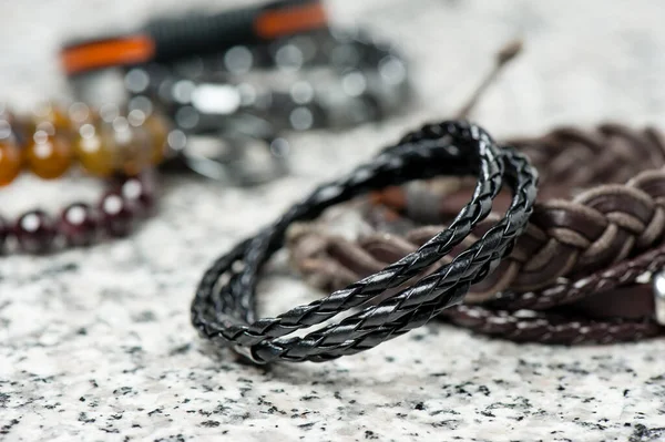 Closeup Black Braided Leather Bracelet Men Casual Style Men Accessories — Stock Photo, Image