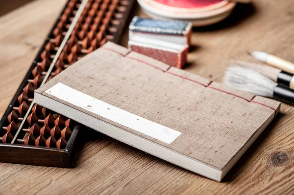 Close Vintage Stijl Van Japanse Steken Binden Houten Bureau — Stockfoto