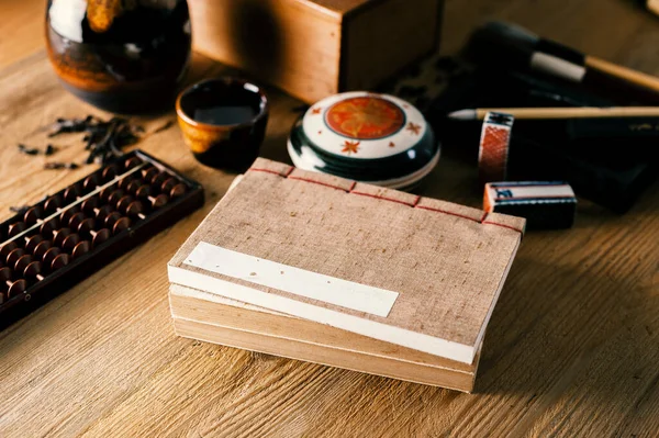 Closeup Vintage Style Japanese Stab Binding Wooden Desk — Stock Photo, Image