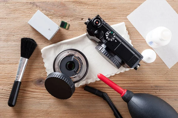 Câmera Lente Cuidado Kits Limpeza Câmeras Engrenagens Câmera Área Trabalho — Fotografia de Stock