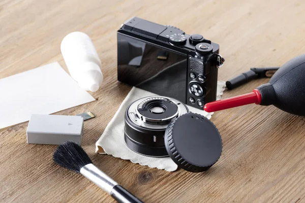 Câmera Lente Cuidado Kits Limpeza Câmeras Engrenagens Câmera Área Trabalho — Fotografia de Stock