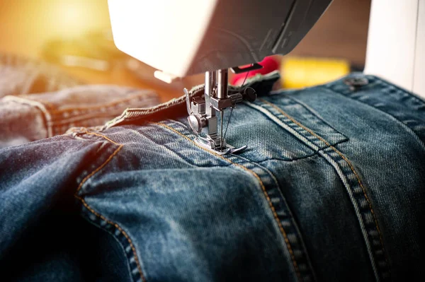 Sewing Indigo Denim Jacket Sewing Machine Garment Industrial Concept — Stock Photo, Image