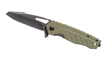 Gri kaplama ve yeşil G10 saplı paslanmaz çelik bıçaklı katlanmış bıçak..