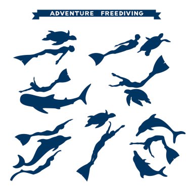 Adventure freediving. Collection of free divers and animal. clipart