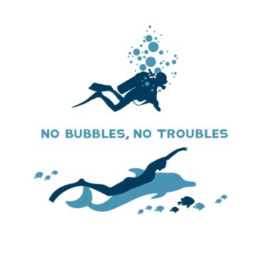 Scuba diver with bubbles and free diver with dolphin. clipart