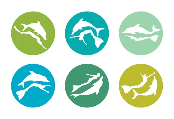 Sammlung von Silhouetten-Freitauchern und Delfinen. Freitaucher-Ikonen — Stockvektor