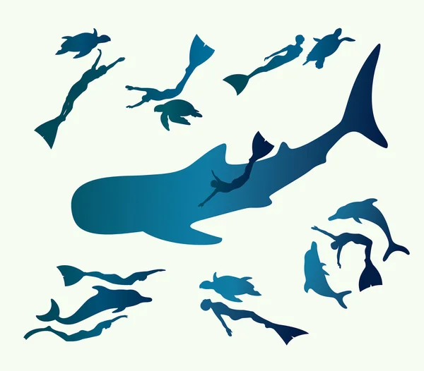 Adventure freediving. Collection of free divers and animal. — Stock Vector