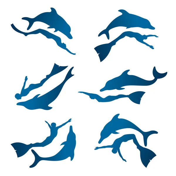 Collection of silhouette free diver and dolphin. — Stock Vector