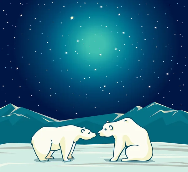 Δύο πολική αρκούδα και έναστρο ουρανό τη νύχτα. — Διανυσματικό Αρχείο