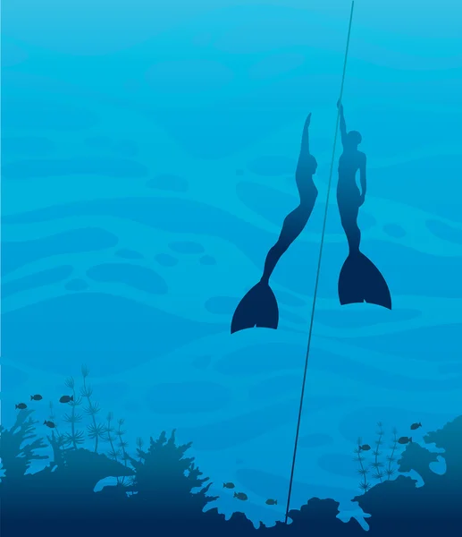 Silhouette de plongeurs en monofin et récif corallien . — Image vectorielle