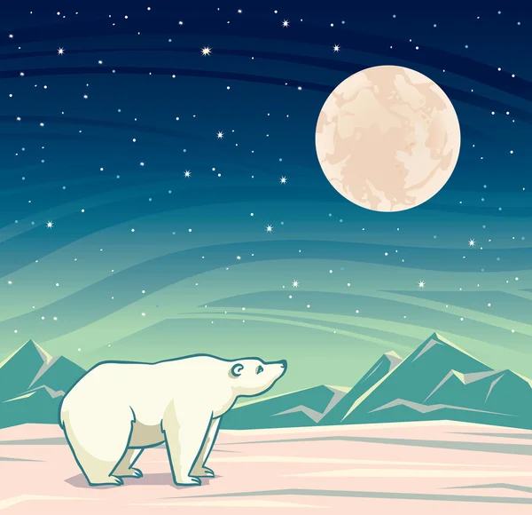Polar bear and full moon at night sky. — Stock Vector
