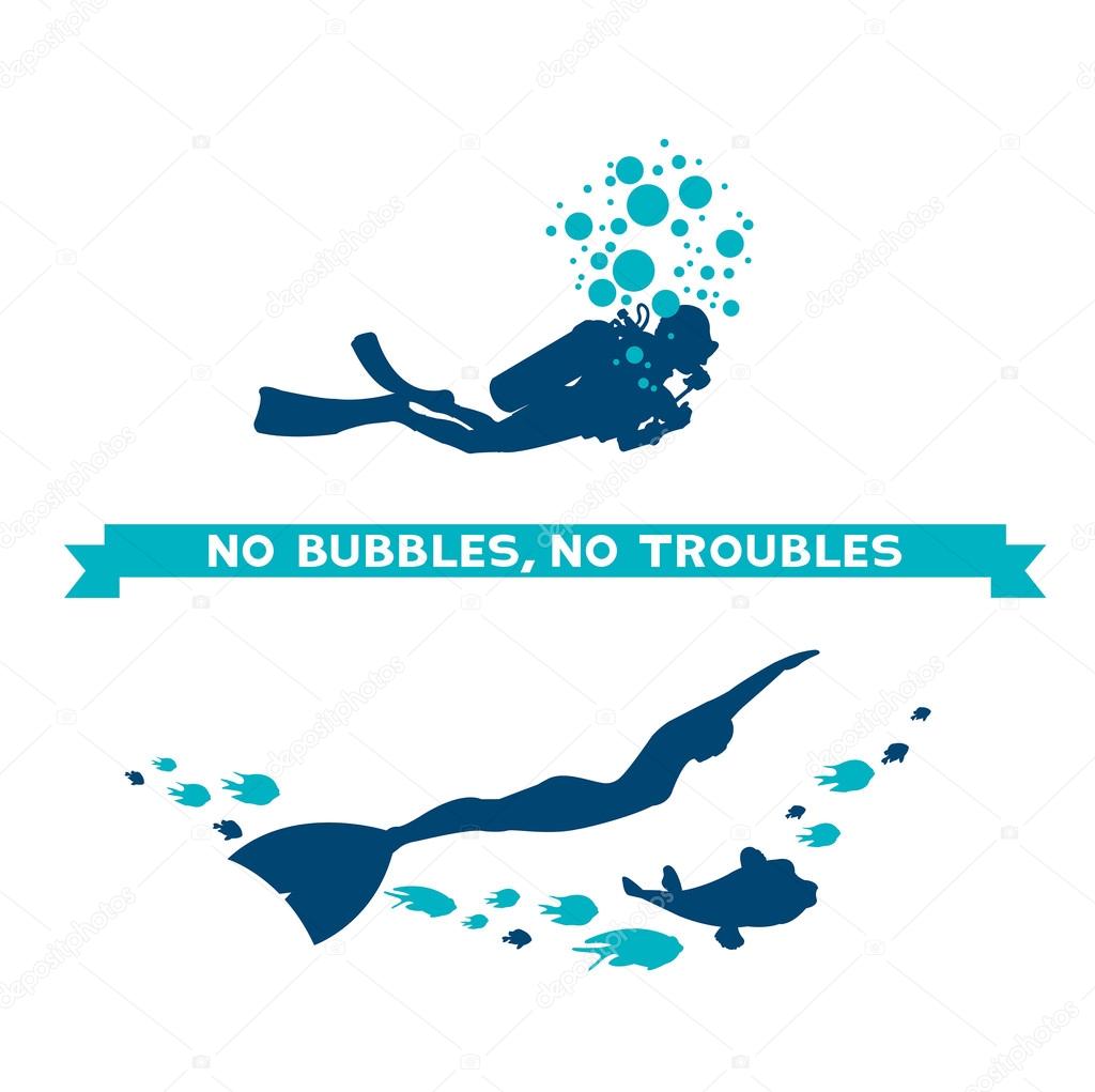 Difference between scuba and free diver. Underwater vector illustration - scuba diver with bubbles and freediver with fish. No bubbles, no troubles.