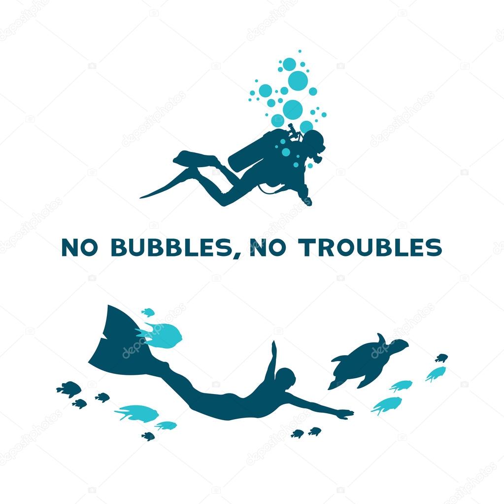Underwater vector illustration - Difference between scuba and free diver. No bubbles, no troubles.