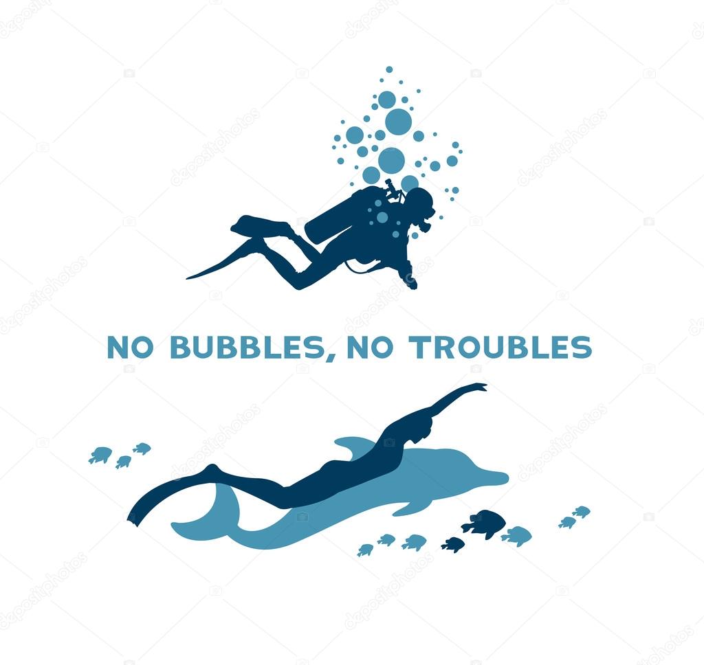 Difference between scuba and free diver. Underwater vector illustration - scuba diver with bubbles and freediver with dolphin. No bubbles, no troubles.