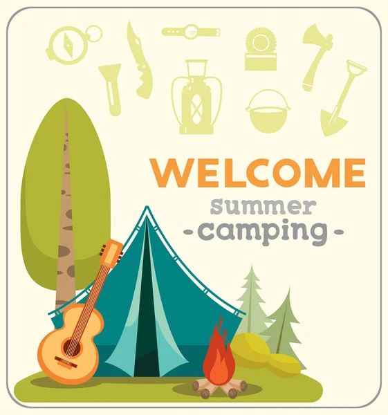 Yaz kamp ve seyahat ekipman. — Stok Vektör