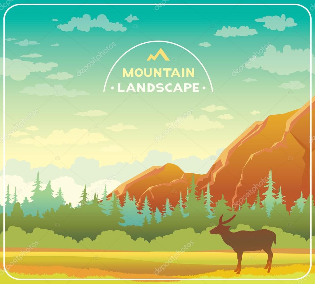 Mountain Landscape With Silhouette Of Deer And Forest On A Cloudy Sky Summer Vector Illustration Animal In Wild Nature Premium Vector In Adobe Illustrator Ai Ai Format Encapsulated Postscript