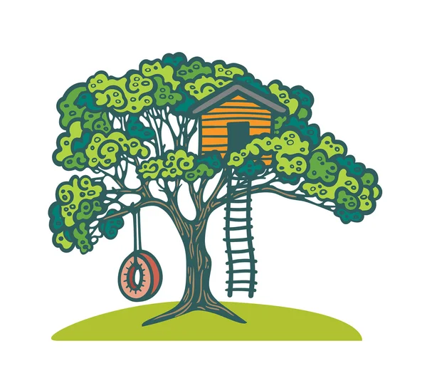 Árbol con casita de juegos y columpio . — Vector de stock