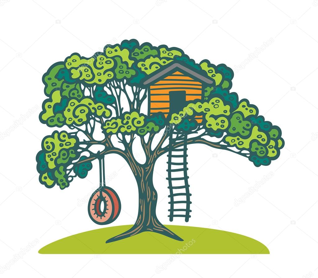 Tree with playhouse and swing.