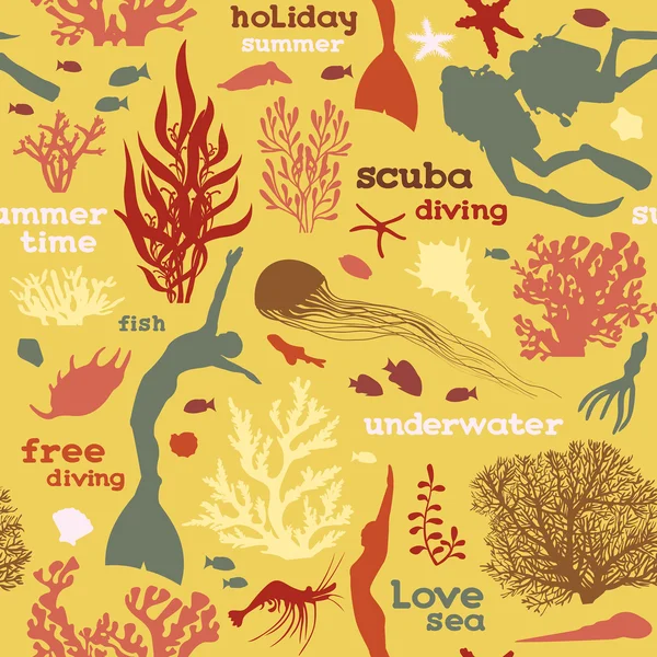 Seamless pattern with divers and corals. — Stock Vector