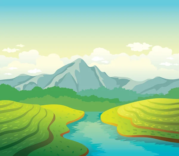 Paisaje de verano con campo, río y montañas . — Vector de stock