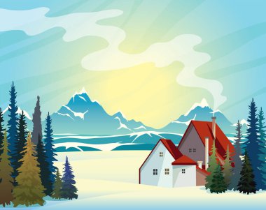 Kış manzarası. Kırmızı çatılı ev ve mavi gökyüzünde karlı dağların silueti. Vektör doğa illüstrasyonu.