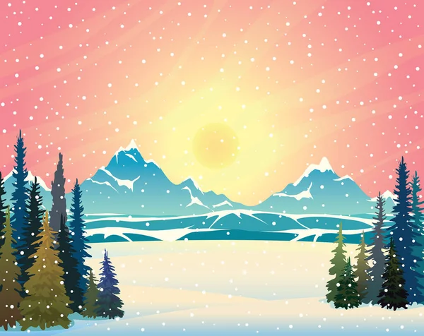 Winter Landscape Blue Mountains Snow Forest Pink Sunset Sky Vector — Stock Vector