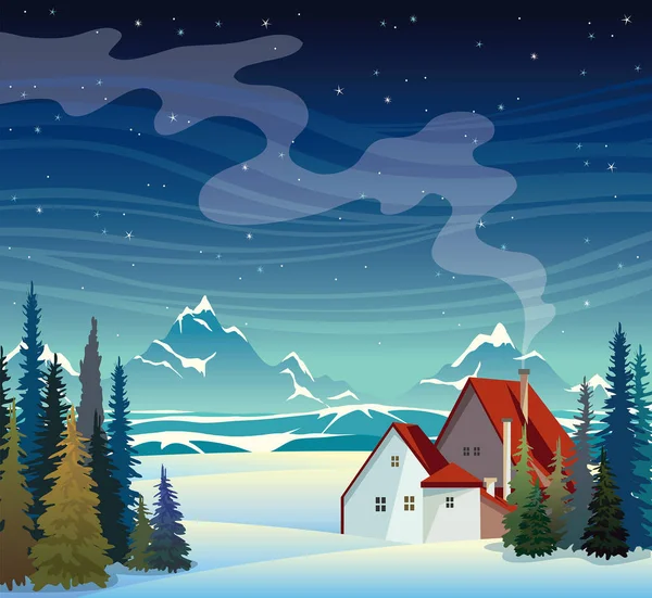 House Red Roof Silhouette Mountains Snow Night Starry Sky Background — Stock Vector