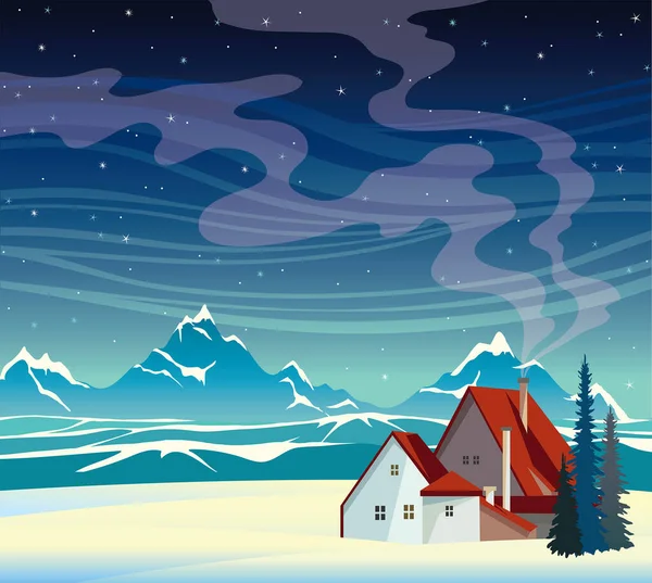 Paysage Nocturne Hiver Maison Avec Toit Rouge Silhouette Montagnes Avec Illustration De Stock