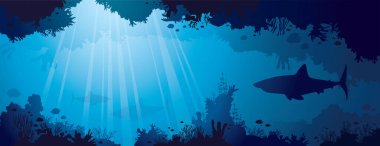 Su altı doğası ve deniz yaban hayatı. Mavi bir arka planda köpekbalıklarının silueti, tropikal balıklar ve mercan resifleri. Vektör okyanus çizimi.